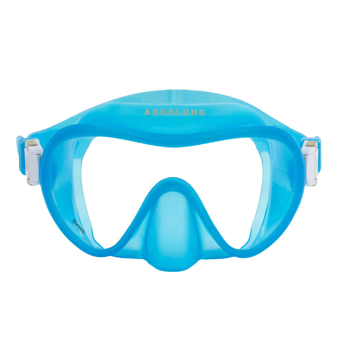 Aqua Lung Nabul frameless snorkelling mask in translucent blue, front view showing the single lens and nose pocket