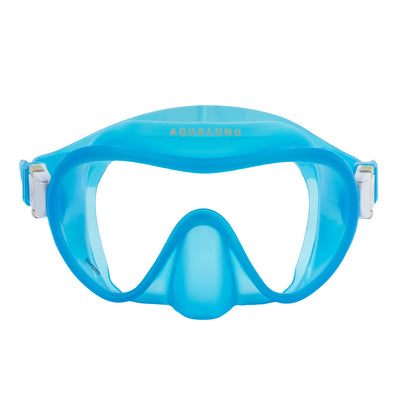 Aqua Lung Nabul frameless snorkelling mask in translucent blue, front view showing the single lens and nose pocket