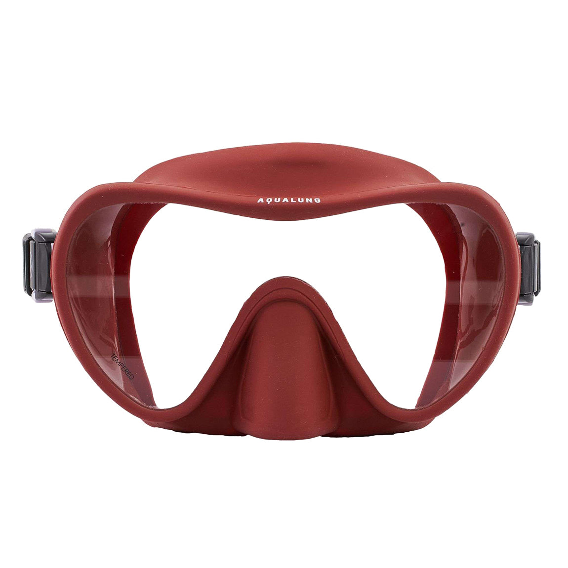 Aqua Lung Nabul frameless snorkelling mask in brick red, front view showing the single lens and nose pocket