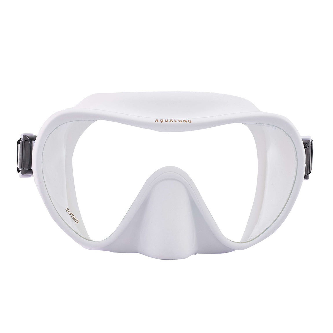 Aqua Lung Nabul frameless snorkelling mask in white, front view showing the single lens and skirt-mounted buckles
