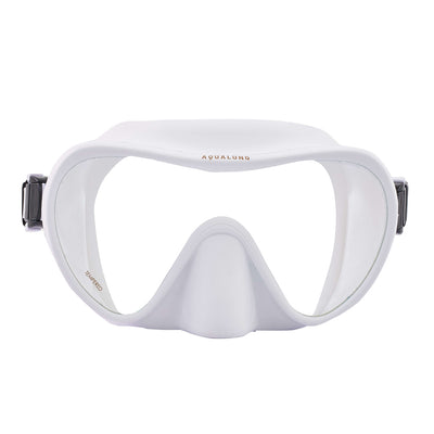 Aqua Lung Nabul frameless snorkelling mask in white, front view showing the single lens and skirt-mounted buckles