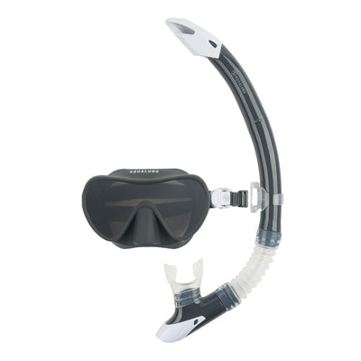 Aqua Lung Nabul snorkelling combo in grey, the dark-lensed frameless mask shown with its matching snorkel