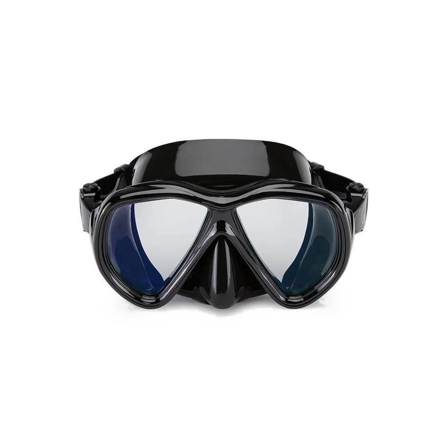 Fourth Element Navigator dive mask in black with blue-tinted Enhance lenses, angled to show the buckle