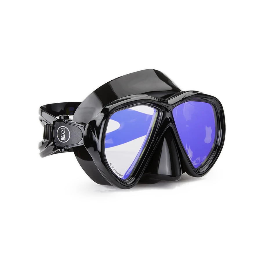 Fourth Element Navigator dive mask in black with blue-tinted Enhance lenses, angled to show the buckle