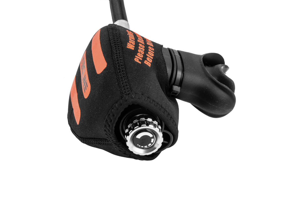 Tecline black neoprene cover fitted over a second stage, orange stripes