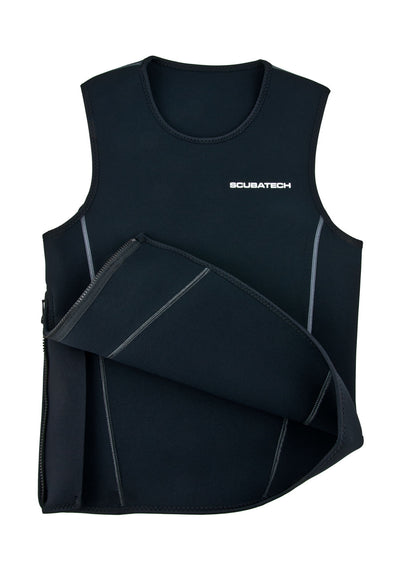 Scubatech 3 mm black neoprene vest shown folded at the hem
