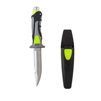 Scubatech Finn I dive knife beside its black plastic sheath