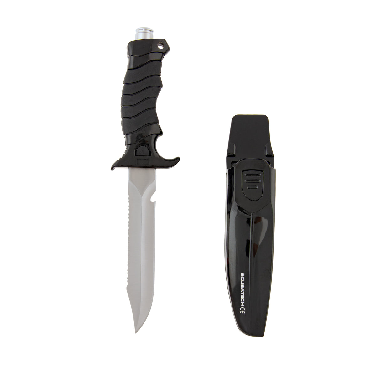 Scubatech Mastercut II dive knife, black, beside its sheath