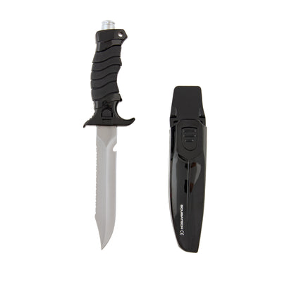 Scubatech Mastercut II dive knife, black, beside its sheath
