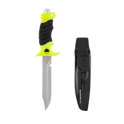 Scubatech Mastercut II dive knife with fluoro yellow handle beside its sheath