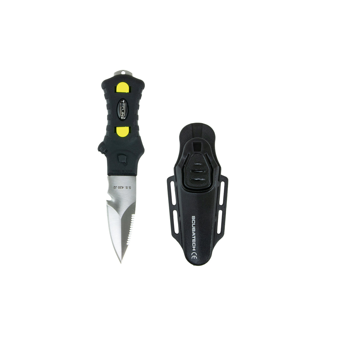 Minirazor Alfa compact dive knife, black, beside its plastic holster