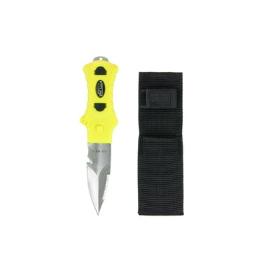 Minirazor Alfa fluoro yellow knife beside its nylon pouch