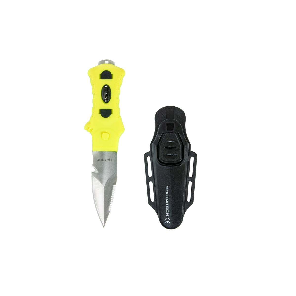 Minirazor Alfa compact dive knife, black, beside its plastic holster