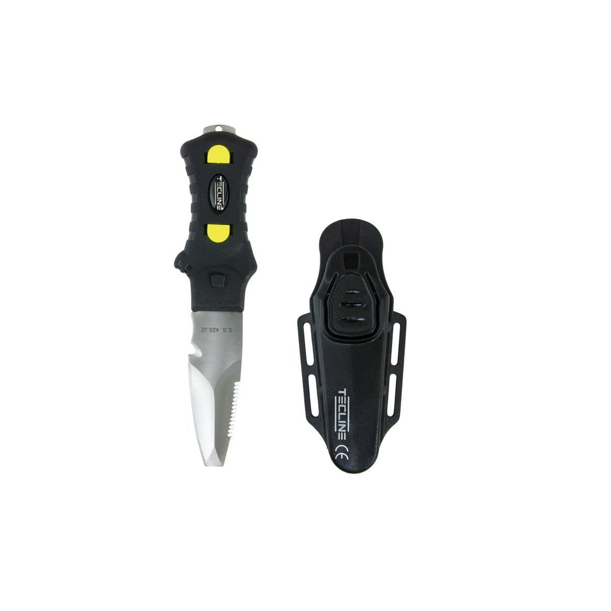 Minirazor Beta compact dive knife, black, beside its plastic holster