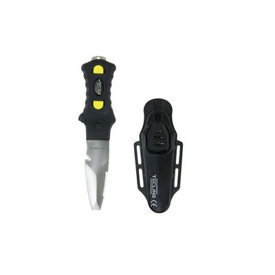 Minirazor Beta compact dive knife, black, beside its plastic holster