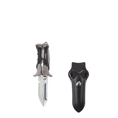 Scubatech mini knife scissors closed beside its black sheath