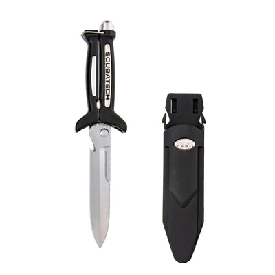 Scubatech knife scissors, standard size, closed beside its sheath