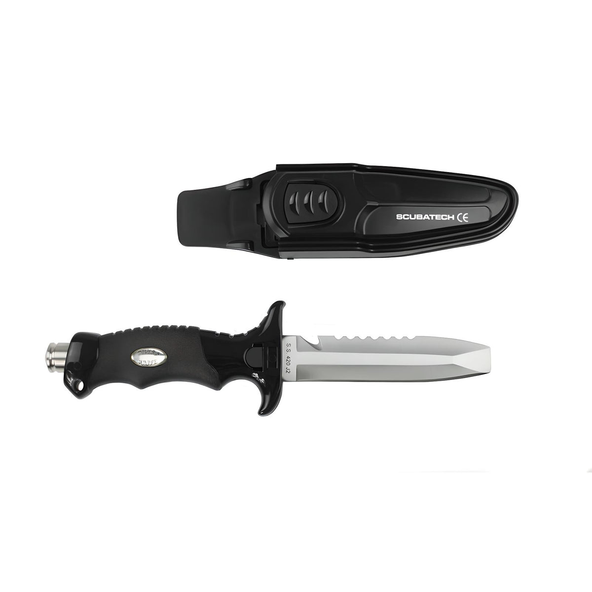 Scubatech Finn II dive knife with blunt tip beside its black sheath