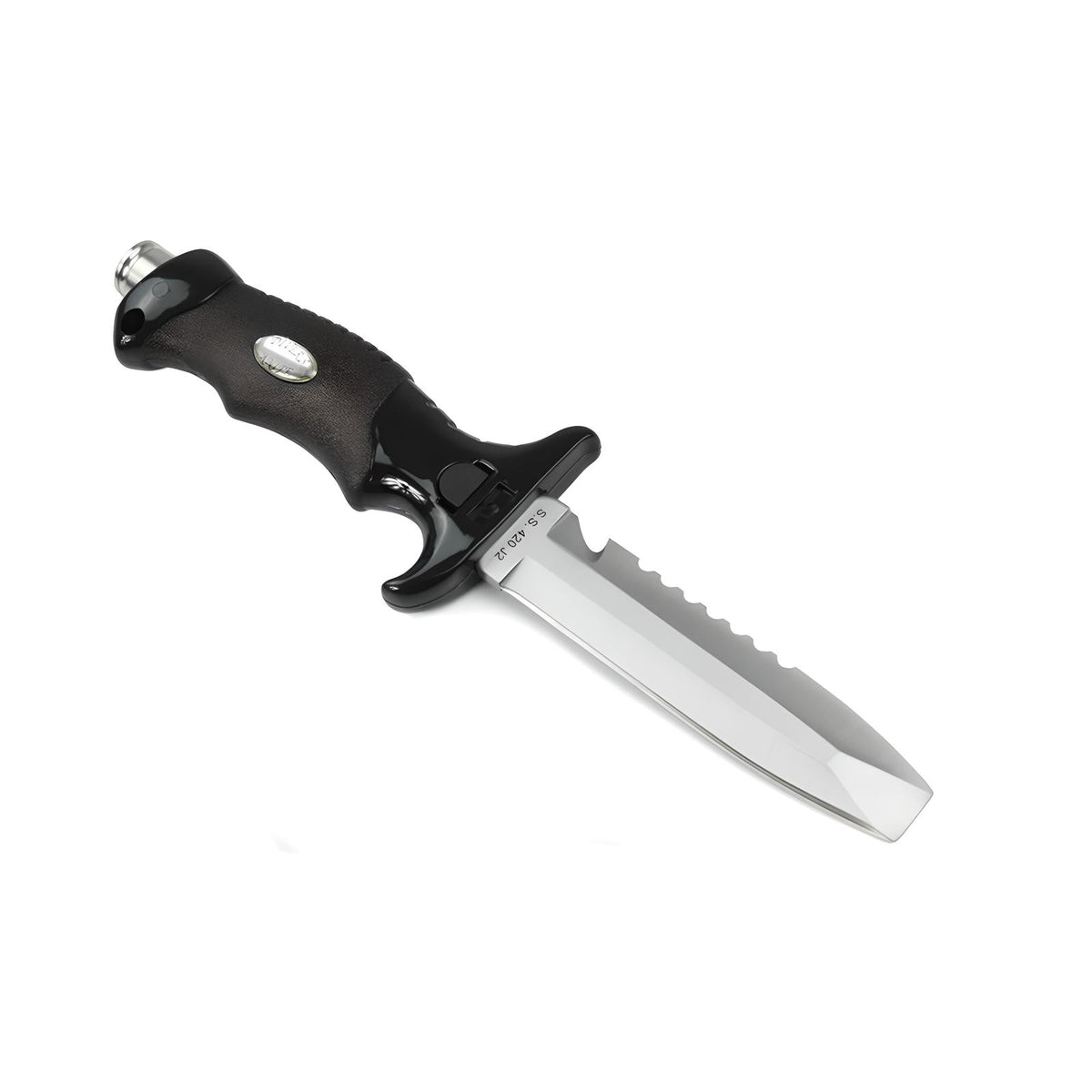 Scubatech Finn II dive knife with blunt tip beside its black sheath