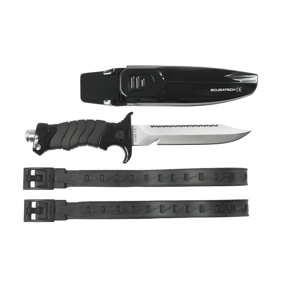 Scubatech Mastercut II dive knife, black, beside its sheath