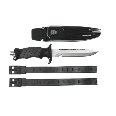 Scubatech Mastercut II knife with sheath and two rubber straps