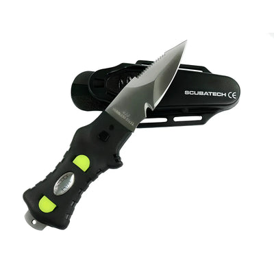Minirazor Alfa knife drawn from the plastic holster, pointed tip visible