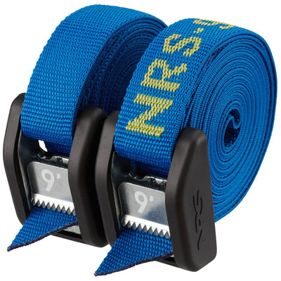 Pair of blue NRS Buckle Bumper Straps, 2.7 m, with the length woven into the webbing