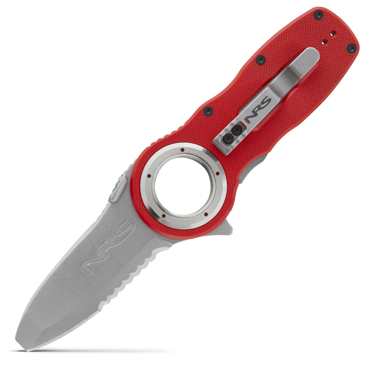 NRS Pilot Access Folding Knife open, red G10 handle and blunt-tip part-serrated blade