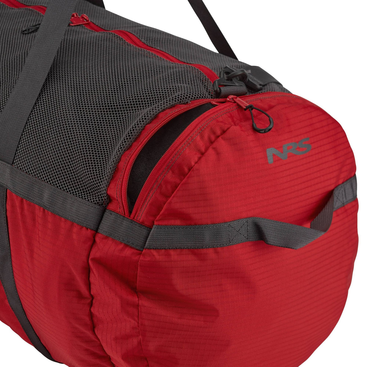 Red NRS Purest Mesh Duffel Bag 60 L with black mesh top and shoulder strap