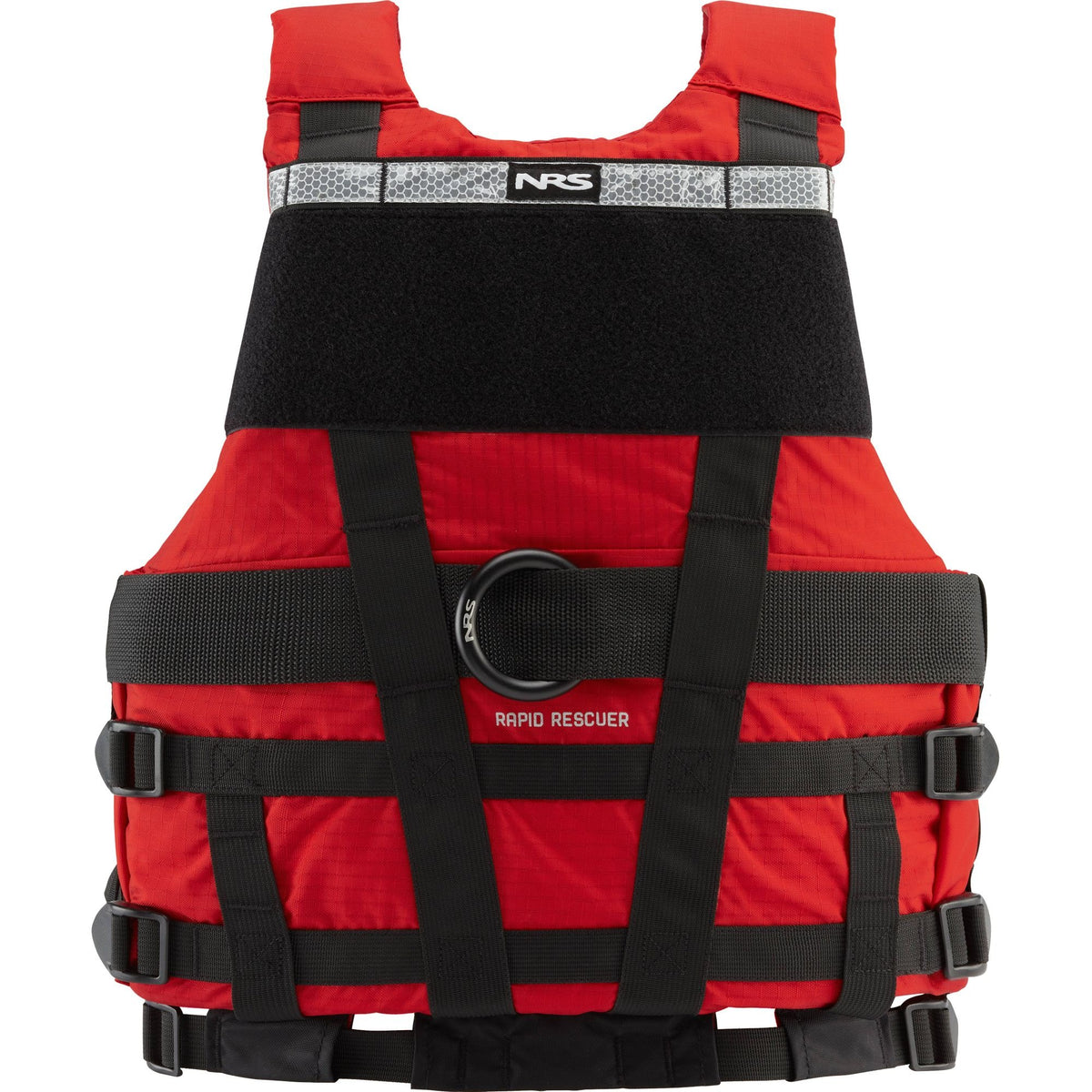 Red NRS Rapid Rescuer PFD from the front, with chest pockets, reflective tape and rescue belt