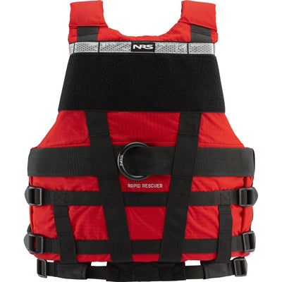Back of the red NRS Rapid Rescuer PFD showing the rescue belt ring and placard panel