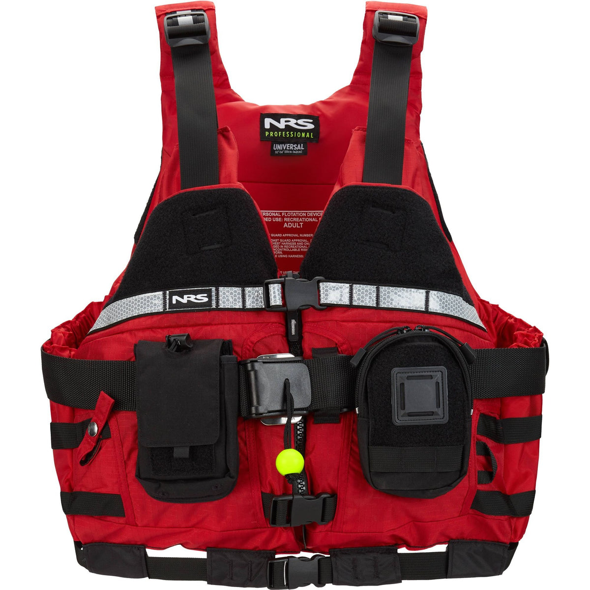 Red NRS Rapid Rescuer PFD from the front, with chest pockets, reflective tape and rescue belt