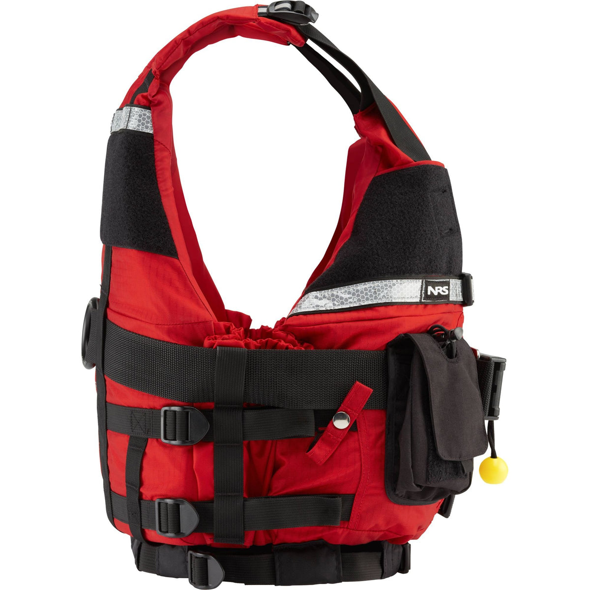 Red NRS Rapid Rescuer PFD from the front, with chest pockets, reflective tape and rescue belt