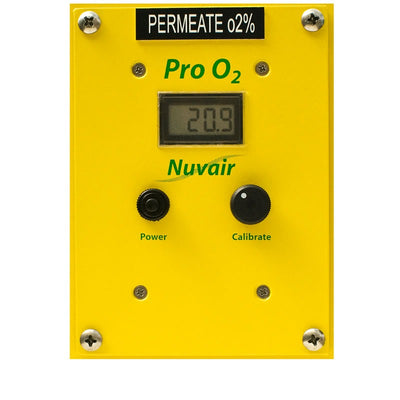 Front of the Nuvair Pro O2 panel mount analyser with display, power and calibrate knobs