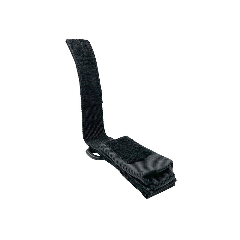 OMS Flash Light Pouch in black nylon with yellow OMS lettering and top D-ring