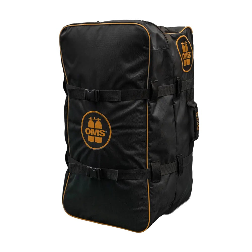 OMS Roller Bag 145 L in black with red logo and yellow piping