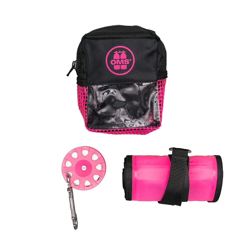 OMS Safety Set 3.3 laid out: safety pocket, rolled 1 m hybrid SMB and finger spool, shown in pink
