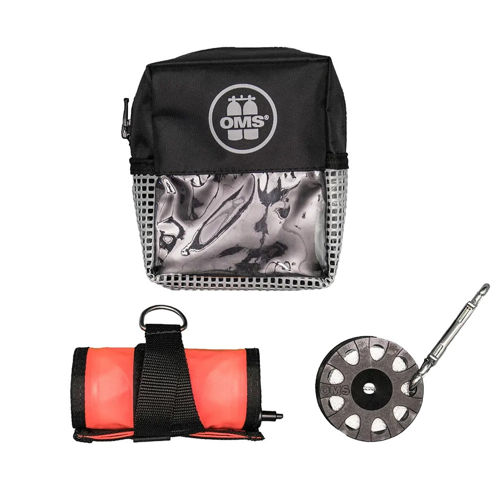 OMS Safety Set 6.0 laid out: grey safety pocket, rolled orange 1.8 m SMB and finger spool