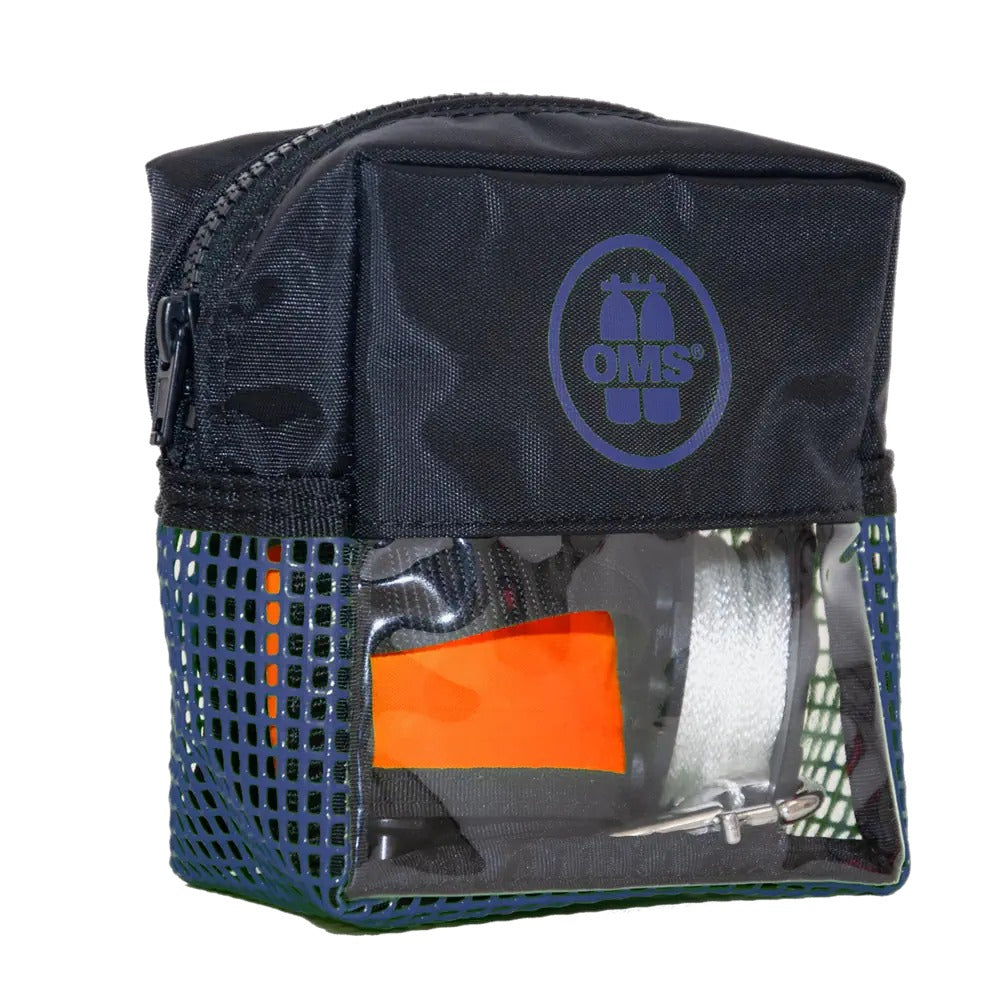 OMS Safety Pocket in ocean blue holding the SMB and spool