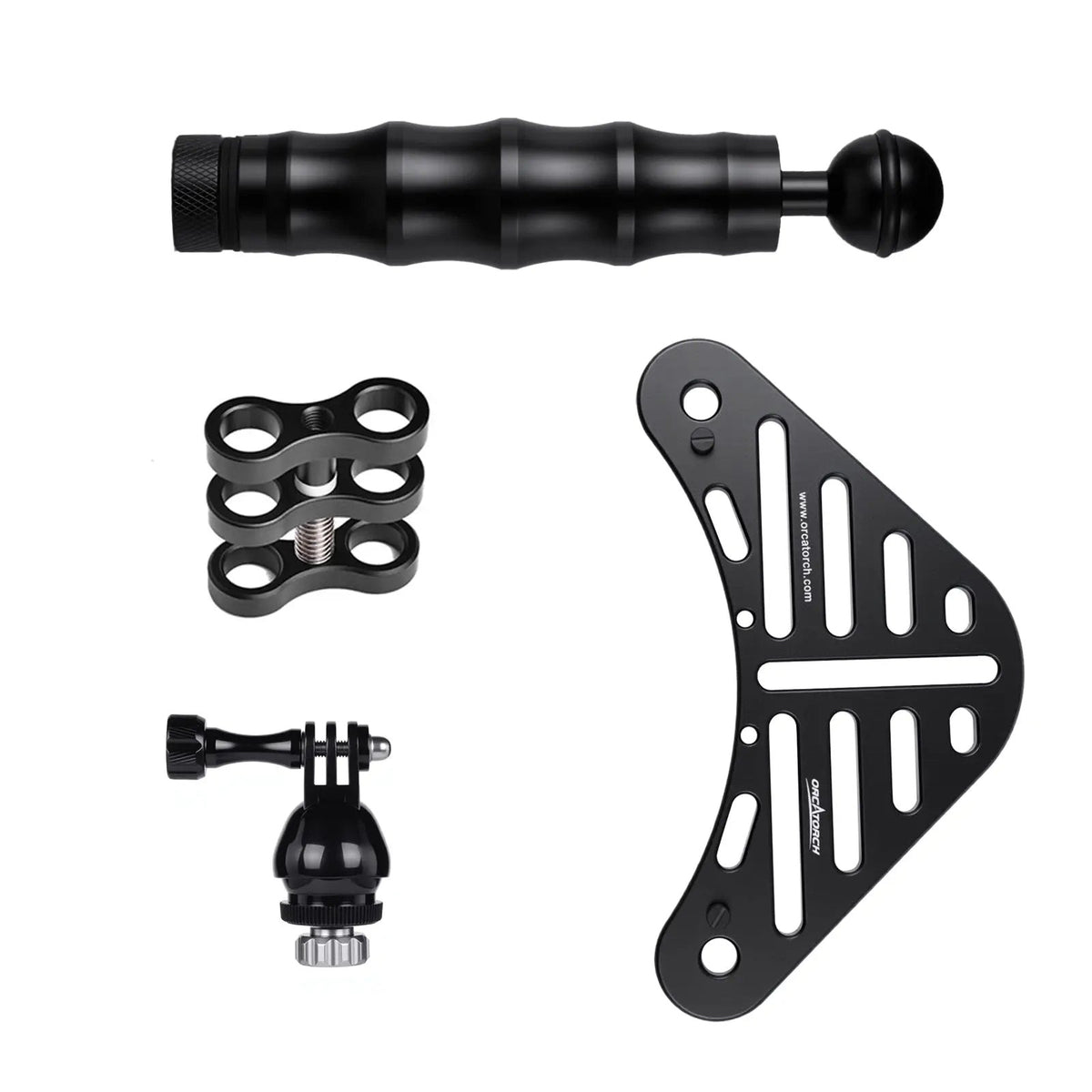 OrcaTorch H02 camera tray kit laid out: base tray, handle, double clamp and GoPro mount