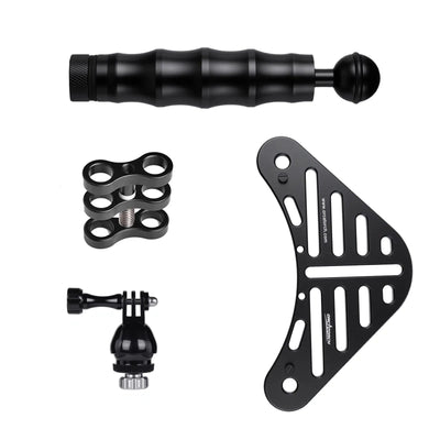 OrcaTorch H02 camera tray kit laid out: base tray, handle, double clamp and GoPro mount