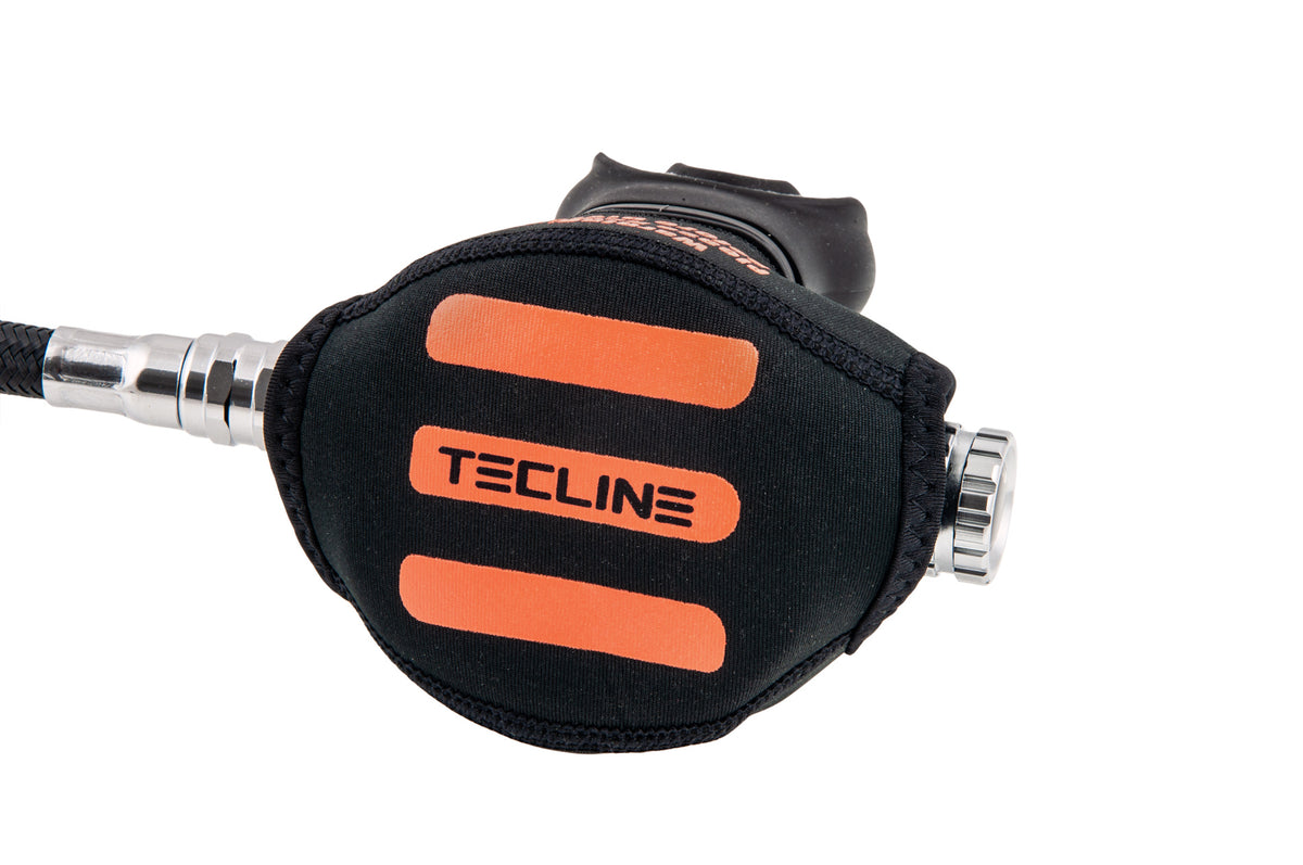 Tecline black neoprene cover fitted over a second stage, orange stripes