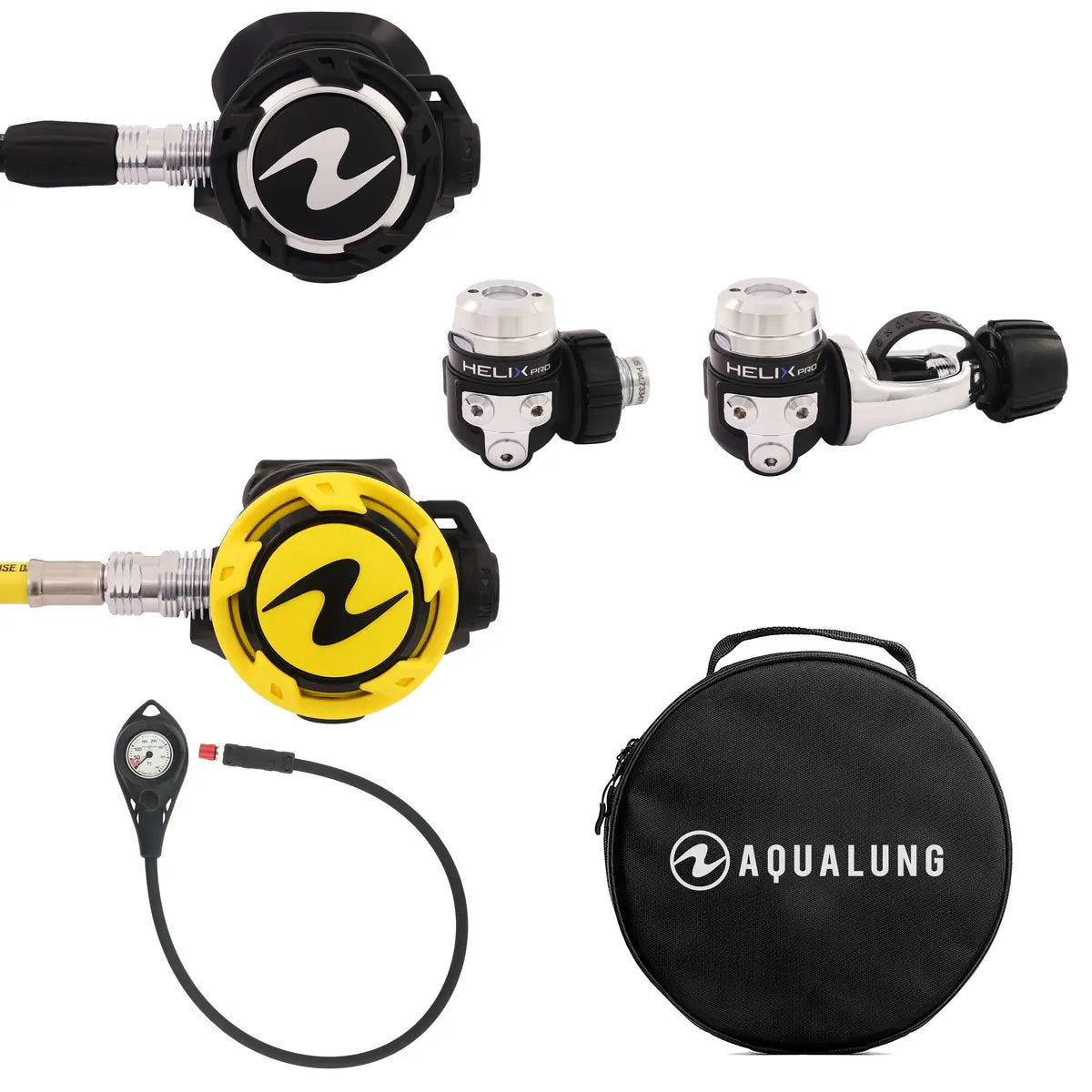 Aqua Lung Helix Pro Pro Pack laid out, showing the primary second stage, two first stage views, the yellow octopus, the pressure gauge and the round carry case