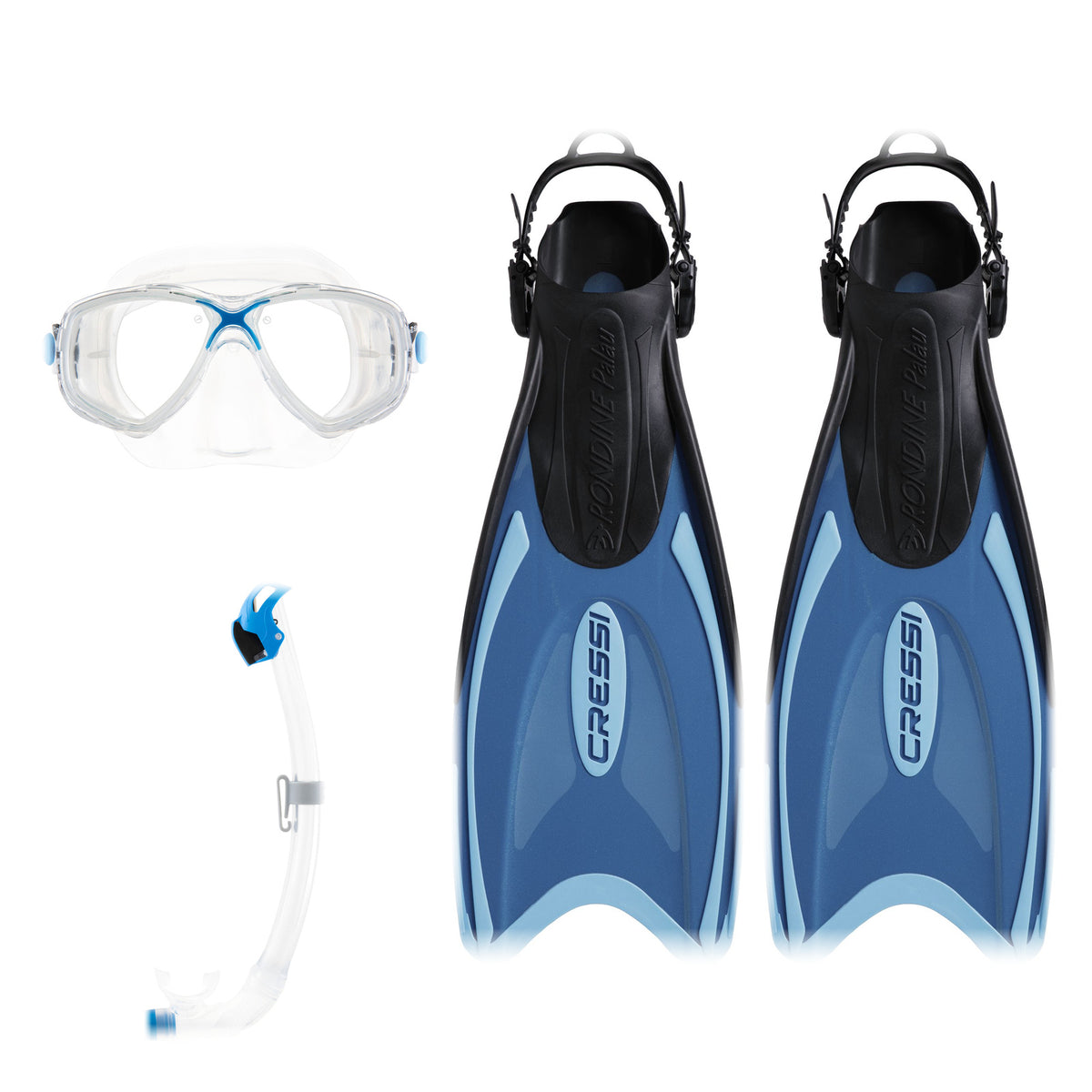 Cressi Marea mask in clear with blue, Seal Dry snorkel in clear with azure and Palau fins in azure and blue