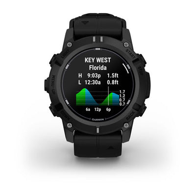 Garmin Descent G2 in black showing a tide chart for a dive site