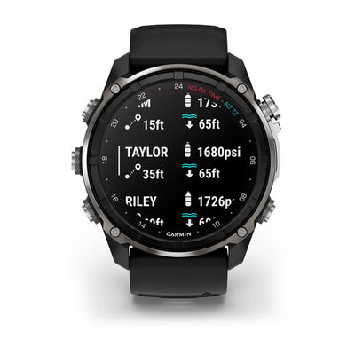 Garmin Descent Mk3i showing tank pressure for two divers over SubWave air integration