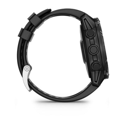 Garmin Descent G2 in black, side profile with the silicone strap fastened