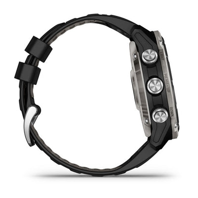 Garmin Descent Mk3i on a titanium bracelet, side profile showing the buttons