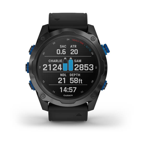 Garmin Descent Mk2i showing tank pressure for two divers over SubWave air integration