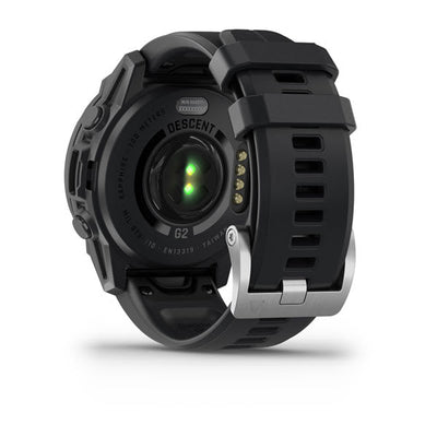 Garmin Descent G2 in black, rear view showing the optical heart rate sensor and charging contacts